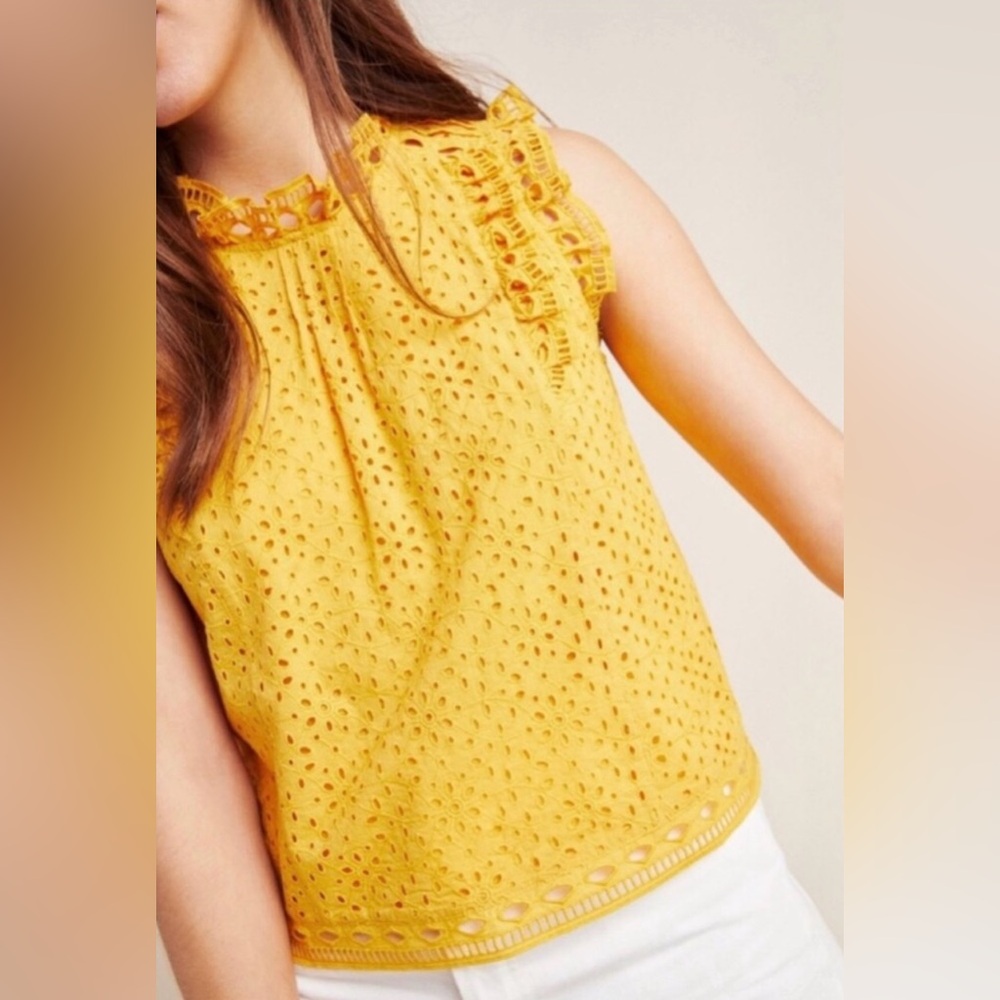 ANTHROPOLOGIE / MAEVE Tilly Eyelet Blouse - Marigold Yellow - Sz 0 - Picture 3 of 12